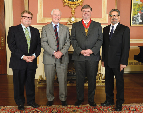 The Natural Sciences and Engineering Research Council of Canada (NSERC) annual awards, recognizing the work of outstanding Canadian scientists and engineers, were presented Feb. 17 at Rideau Hall in Ottawa. (L-R) The Honourable Ed Holder, the Right Honourable David Johnston, Axel Becke, and B. Mario Pinto. Becke, of Dalhousie University’s Department of Chemistry, won Canada’s highest scientific honour, the $1 million Gerhard Herzberg Canada Gold Medal for Science and Engineering. 